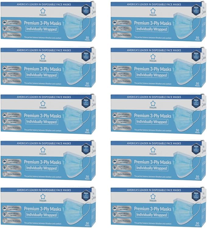 Litepak 500pcs Premium Disposable Face Mask SOFT 3ply - Individually Wrapped
