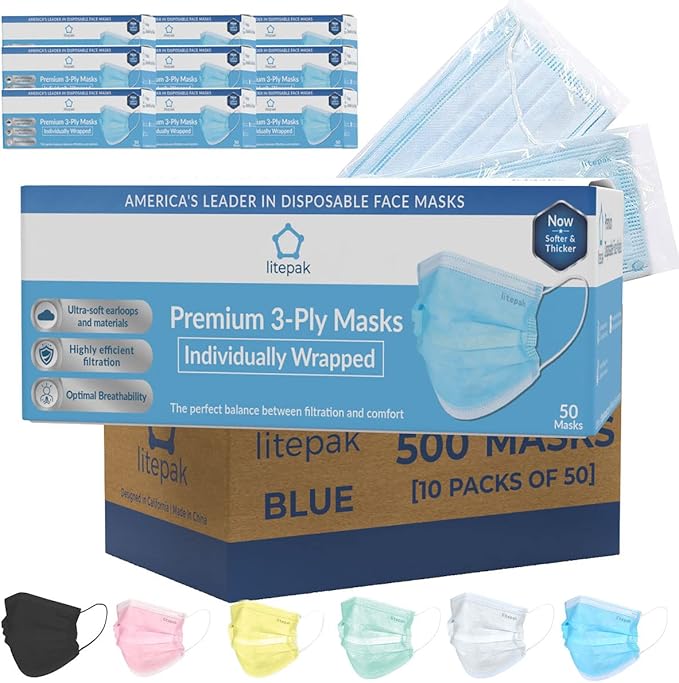 Litepak 500pcs Premium Disposable Face Mask SOFT 3ply - Individually Wrapped