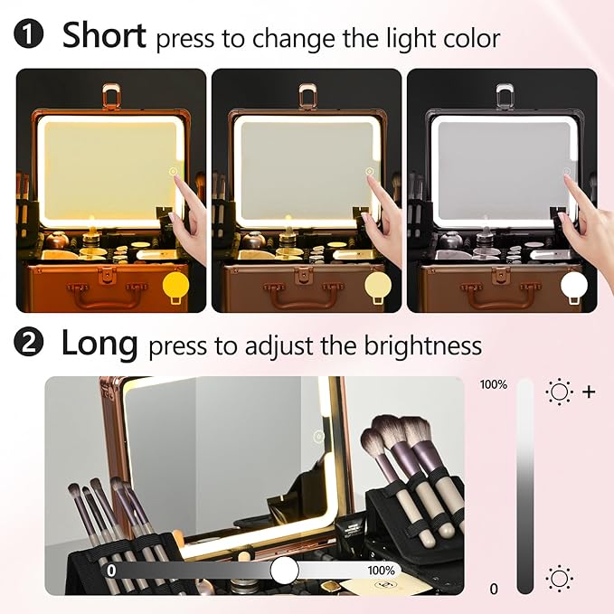 GALHUBIS Rose Gold Makeup Case with Lighted Mirror, Detachable LED Mirror, Travel Makeup Train Case, Waterproof Cosmetic Organizer, Standing Makeup Brush Holder, Gift