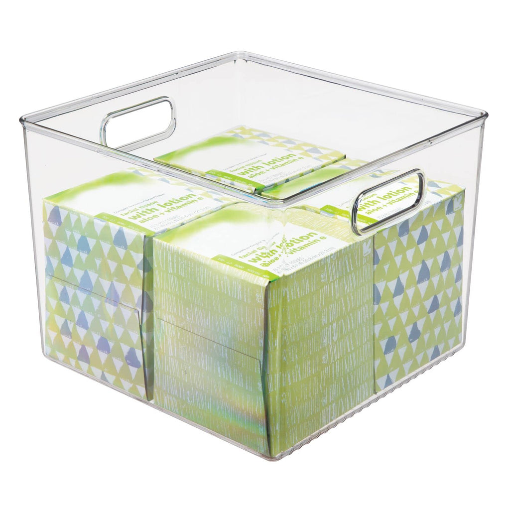 mDesign Plastic Modern Storage Organizer Bin Basket with Handles for Bathroom Organization - Shelf, Cubby, Cabinet, Vanity, and Closet Organizing Decor - Ligne Collection - Clear