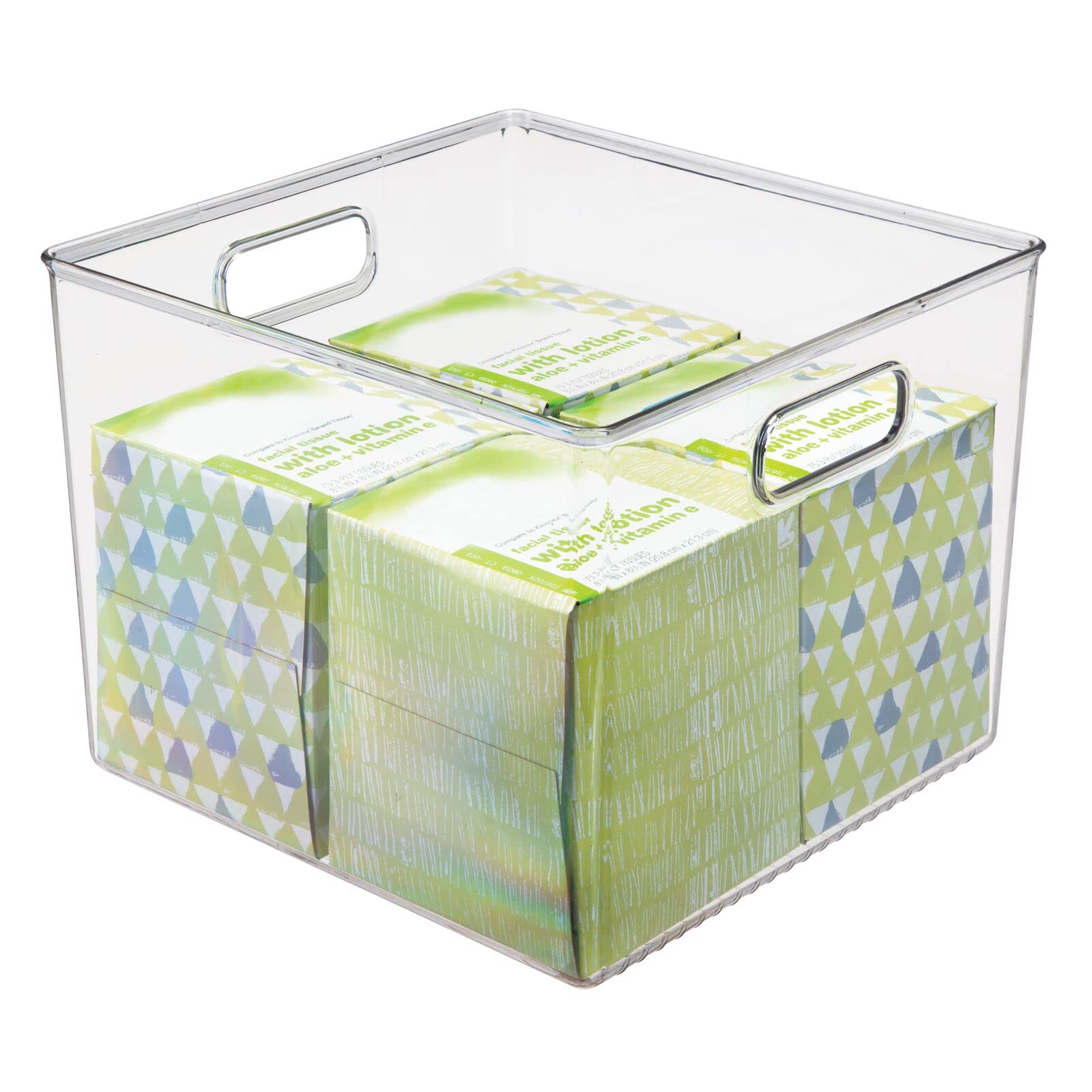 mDesign Plastic Modern Storage Organizer Bin Basket with Handles for Bathroom Organization - Shelf, Cubby, Cabinet, Vanity, and Closet Organizing Decor - Ligne Collection - Clear