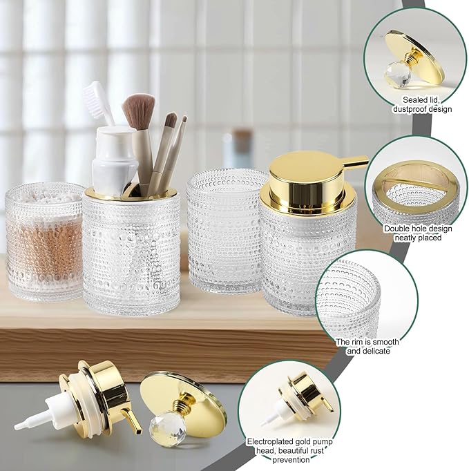 DASITON Bathroom Accessories Set,4Pcs Glass Bathroom Counter Set with Foaming Soap Dispenser,Toothbrush Holder,Bathroom Tumbler,Cotton Swab Jars, for Vanity Bathroom Decor(Clear A)