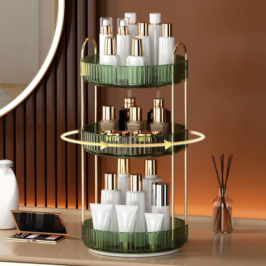 YCIA&DONE 360 Rotating Makeup Organizer and Storage for Vanity Countertop 3 Tiers, High Capacity Cosmetic Skincare Perfume Organizers for Dresser Bathroom Lazy Susan (Vintage Green)