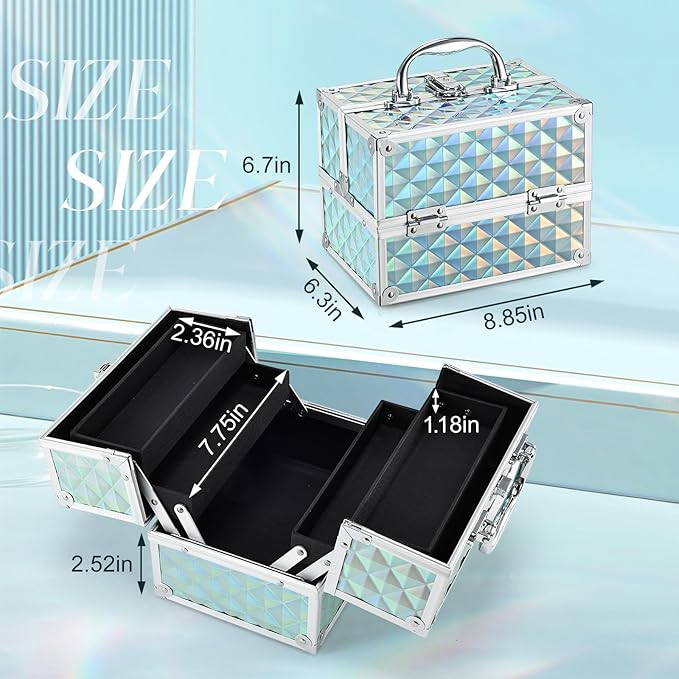 FRENESSA RENESSA Makeup Train Case Portable Makeup Case Organizer Cosmetic Box Make Up Box Makeup Organizer Cosmetic Storage Cases with Locking Nail Kit Organizer Travel Case Shiny Blue