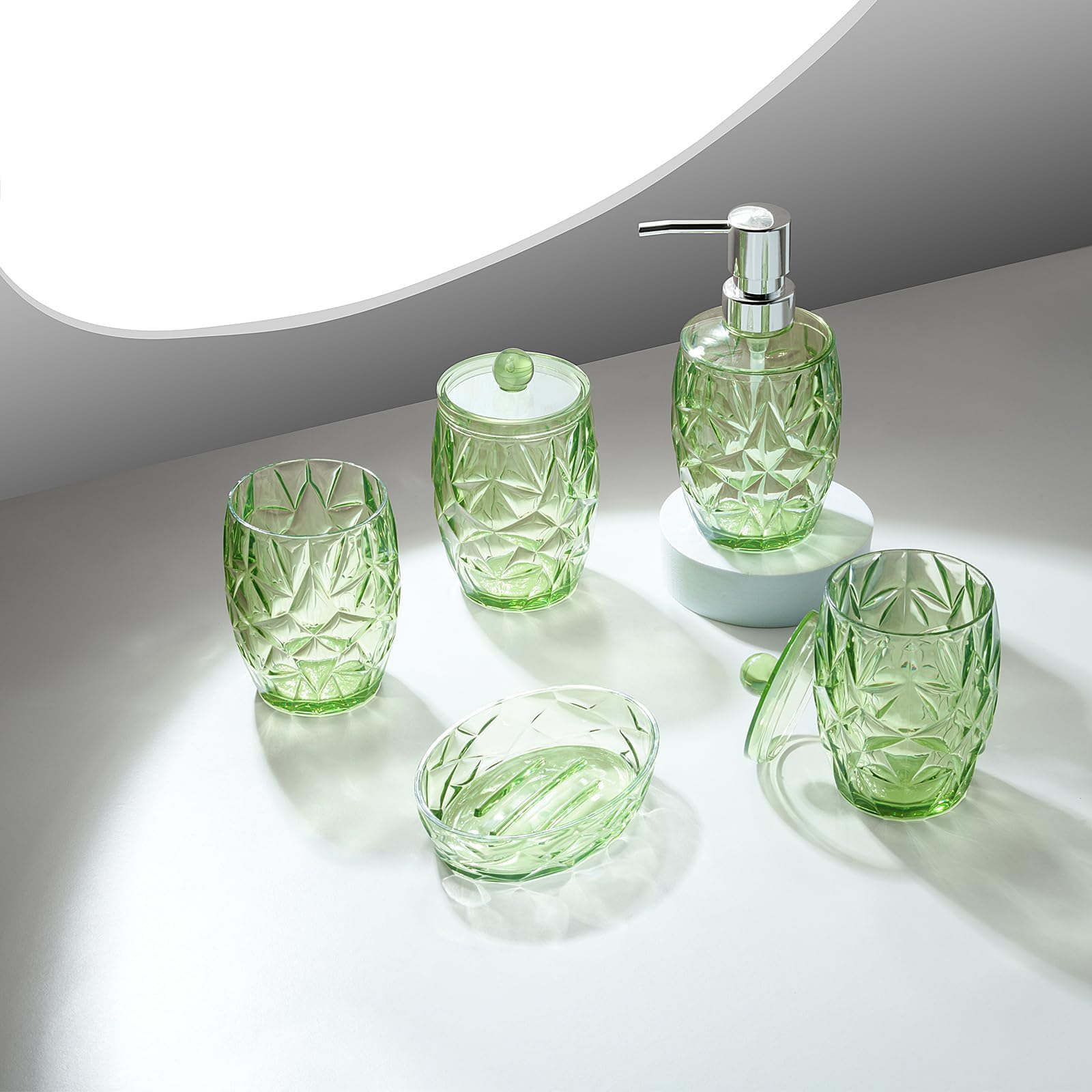 Modern Shatterproof Acrylic Olive Green Bathroom Accessories Set – 5-Piece Glass-Free Vanity Set with Soap Dispenser, Toothbrush/Makeup Brush Holder, 2 Cotton Jars with Lids, and Soap Dish