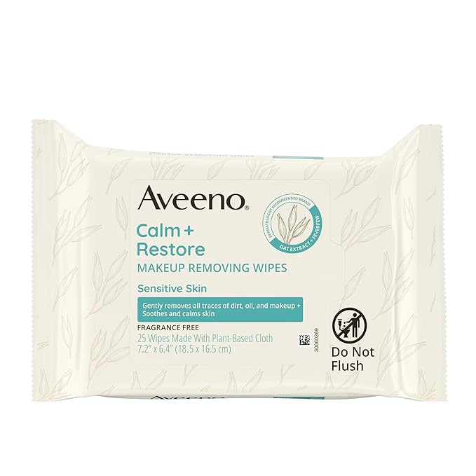 Aveeno Calm + Restore Unscented Makeup Remover Face Wipes, Fragrance Free Facial Cleansing Towelettes with Oat Extract & Calming Feverfew Leave Skin Feeling Soothed, Alcohol Free, 25 ct (Pack of 6)