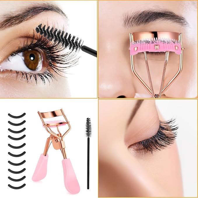 Eyelash Curler Kit Metal Eye Lashes Curler，Professional Makeup Tool with Built-in Comb Eye with 10 Replacement Refill Pads Get Dramatically Curled Eyelashes for Women Girl (Pink)