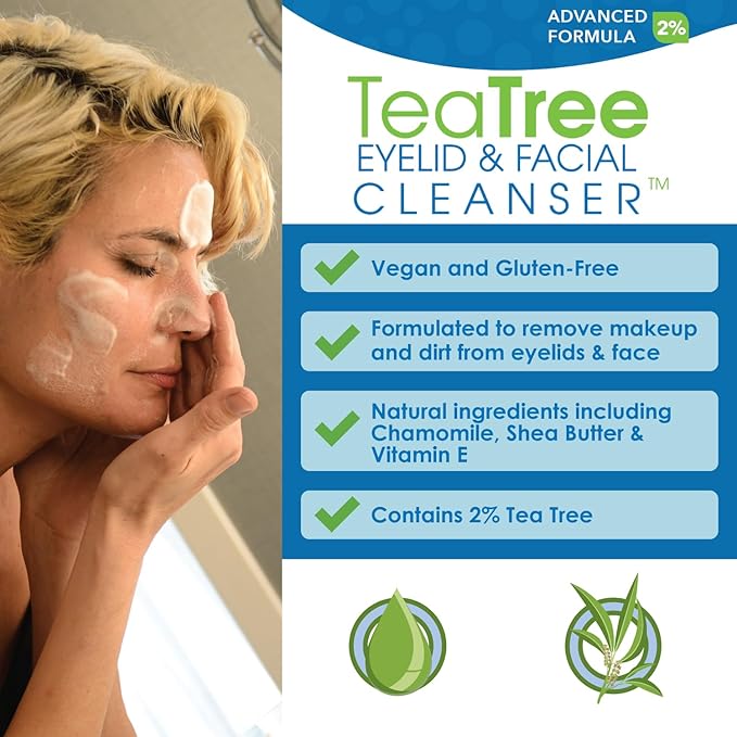 Advanced Tea Tree Eyelid and Facial Cleanser - 50mL - Non-Irritating Eyelash & Eyelid Cleanser Soothes Irritation with Tea Tree, Vitamin E and Shea Butter