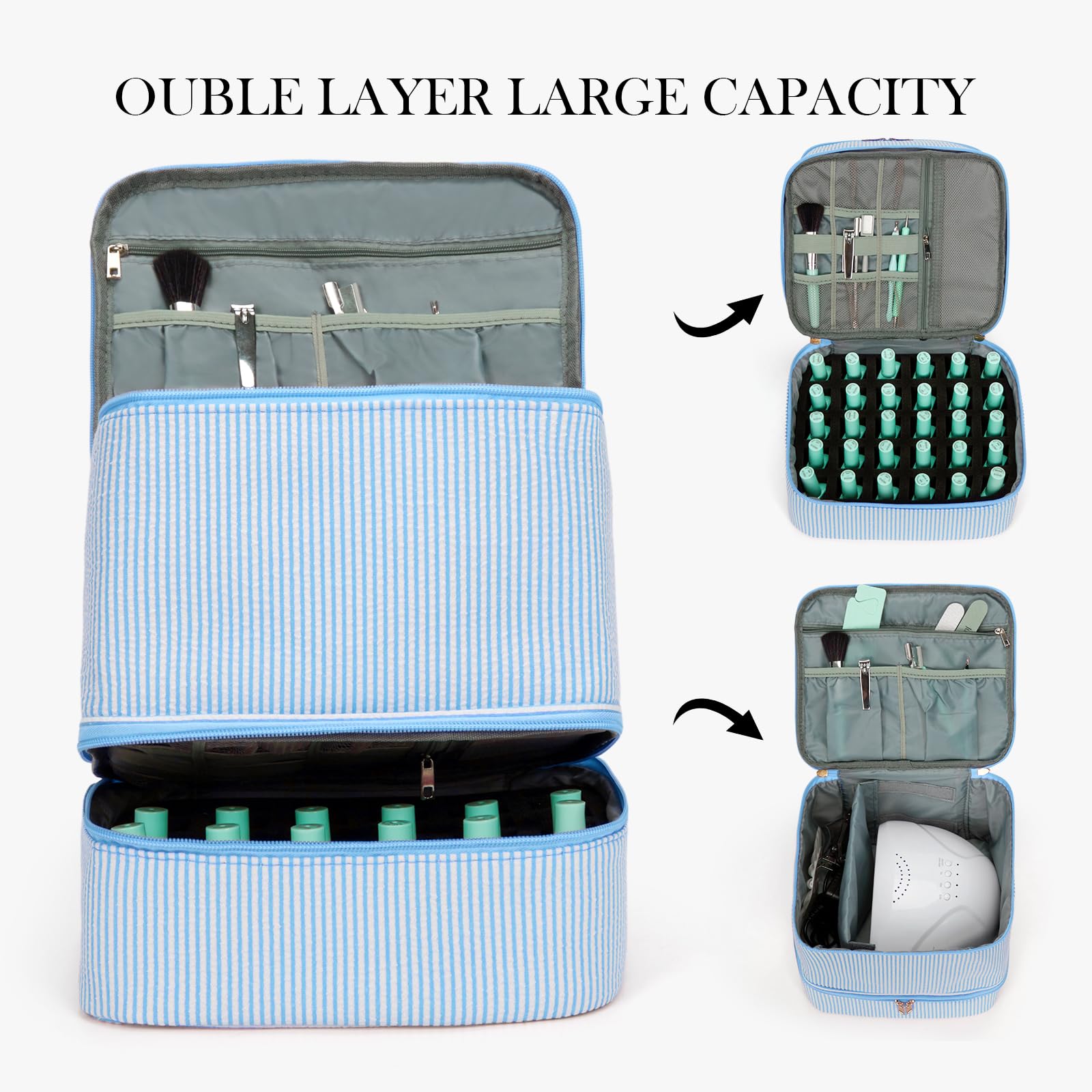 hibear Nail Supplies Organizer Nail Polish Storage Holds 30 BottlesNail Polish Storage Holds 30 Bottles Nail Kit Case Makeup Bag Vanity Case for Women (Striped blue)