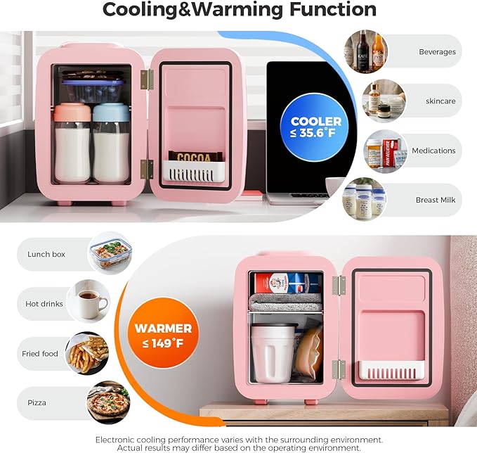 YASHE Mini Fridge, 4 Liter/6 Can Mini Makeup Fridge, 110V AC/ 12V DC Portable Thermoelectric Cooler&Warmer for Skincare, Drink, Cosmetic, Medicine, Small fridge for Bedroom, Office, Dorm, Car, Pink