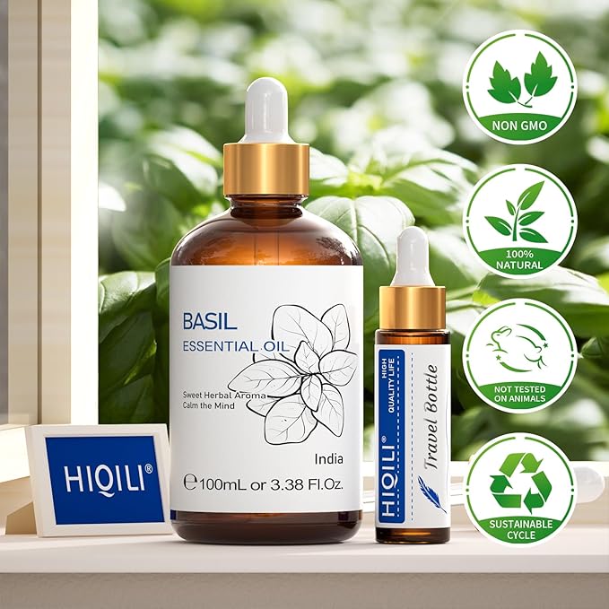 HIQILI Basil Essential Oil for Aromatherapy Diffuser, Hair Care