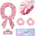 Heatless Hair Curler and Double Layer Satin Bonnet Set for Overnight Curls - No Heat Curling Rod with silk Bonnet, Sleep-In Safe for Long/Medium Hair, Frizz-Free Waves & Volume(Pink)