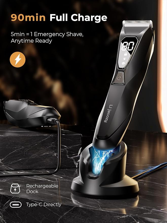 Lijecozy Body Hair Trimmer for Men: Pubic Hair Trimmer with Wireless Charging & 4000K LED Display, Waterproof Wet Dry Body Groomer for Face Legs, 90Min, Ceramic Blade