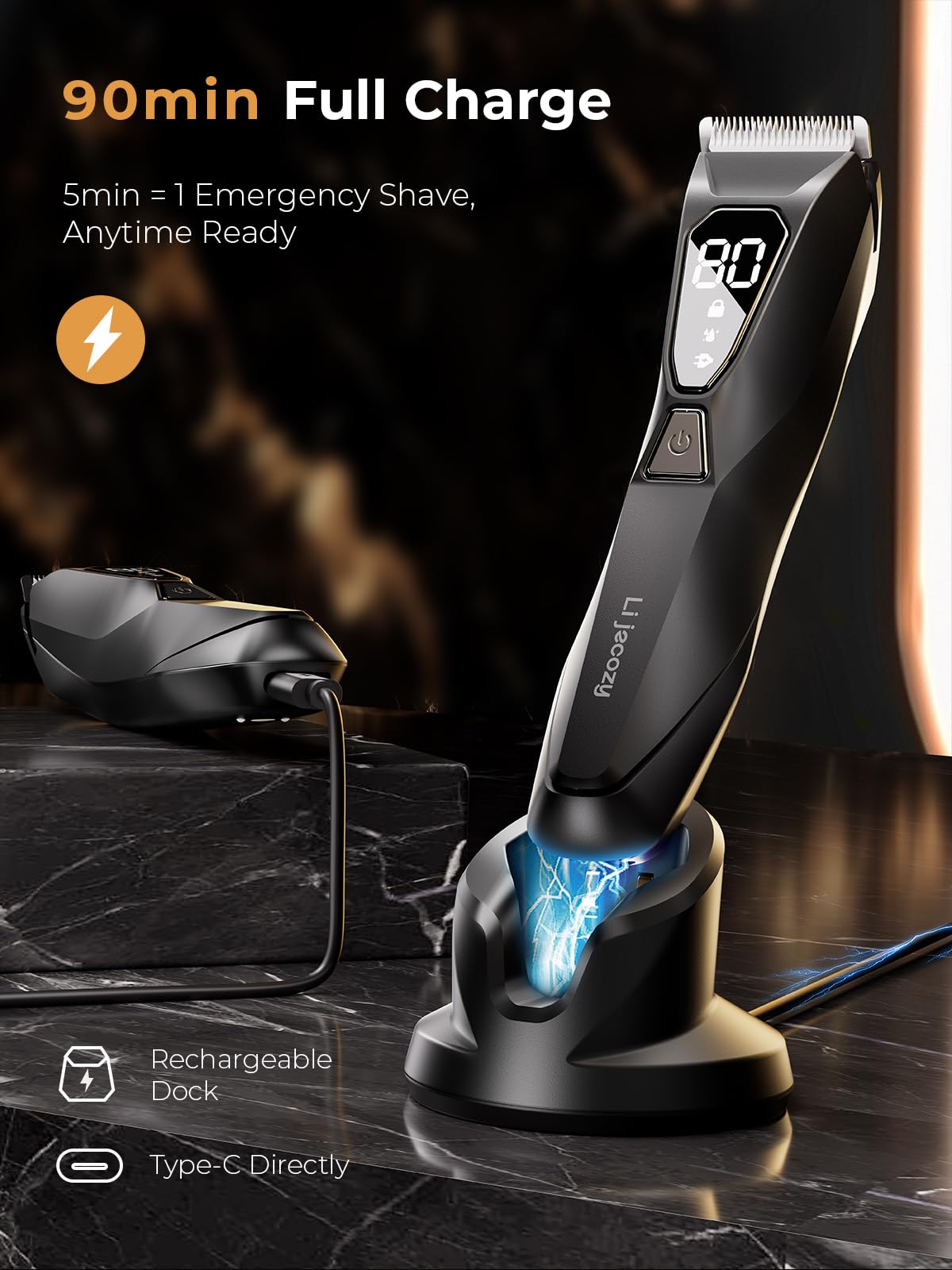 Lijecozy Body Hair Trimmer for Men: Pubic Hair Trimmer with Wireless Charging & 4000K LED Display, Waterproof Wet Dry Body Groomer for Face Legs, 90Min, Ceramic Blade