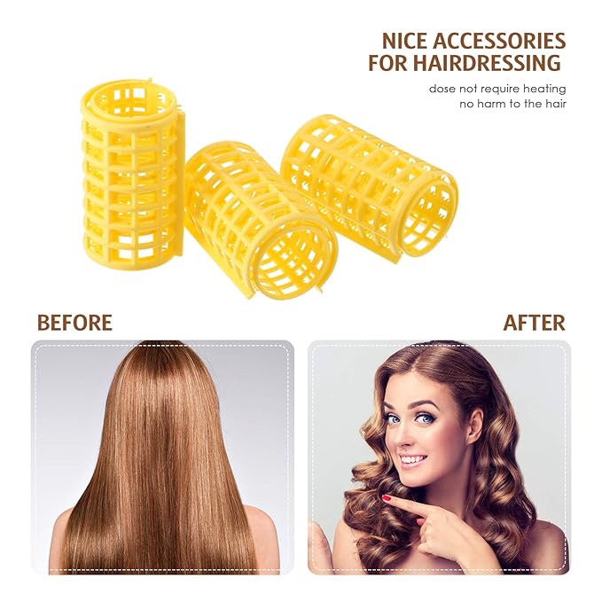 Syhood 12 Pcs Plastic Hair Rollers for Women Large Size Curlers Set Snap Roller Clips with Rat Tail Comb for Long Medium Short Hair Bangs, Salon Hairdressing Styling Tool (2.6 x 1.4 Inch,Yellow)