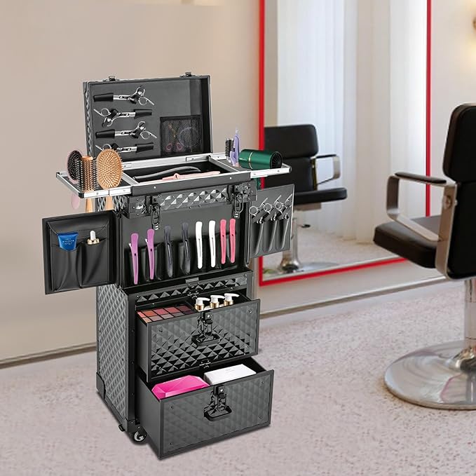 RocoReny Rolling Lockable Makeup Train Case With Metal Universal Wheel, Cosmetic Storage Box Cases, 32In-Retro Travel Organizer Tool Box w/Combination Locks for Stylist, Beauty, Makeup Artist (Black2)