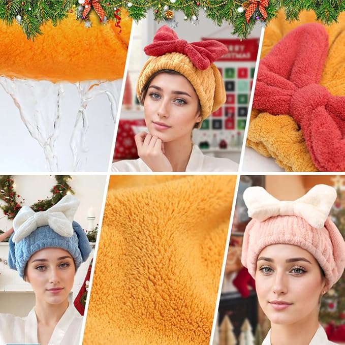 2PCS Microfiber Hair Drying Caps, Christmas Absorbent Hair Towel Wrap for Women Wet Hair Quick-Drying Hair Towels, Soft Bow Tie Wet Hair Towel Wrap for Party Favors Goody Bag Filler (Pink+Blue)
