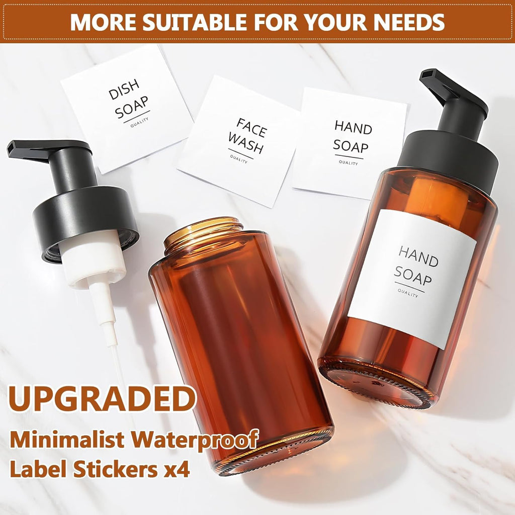 RYTOXILO Amber Foam Soap Dispenser, 10 oz/300ml Glass Foaming Soap Dispenser, 2 Pcs Foaming Hand Dispenser for Bathroom & Kitchen, Refillable Bottle with Waterproof Labels