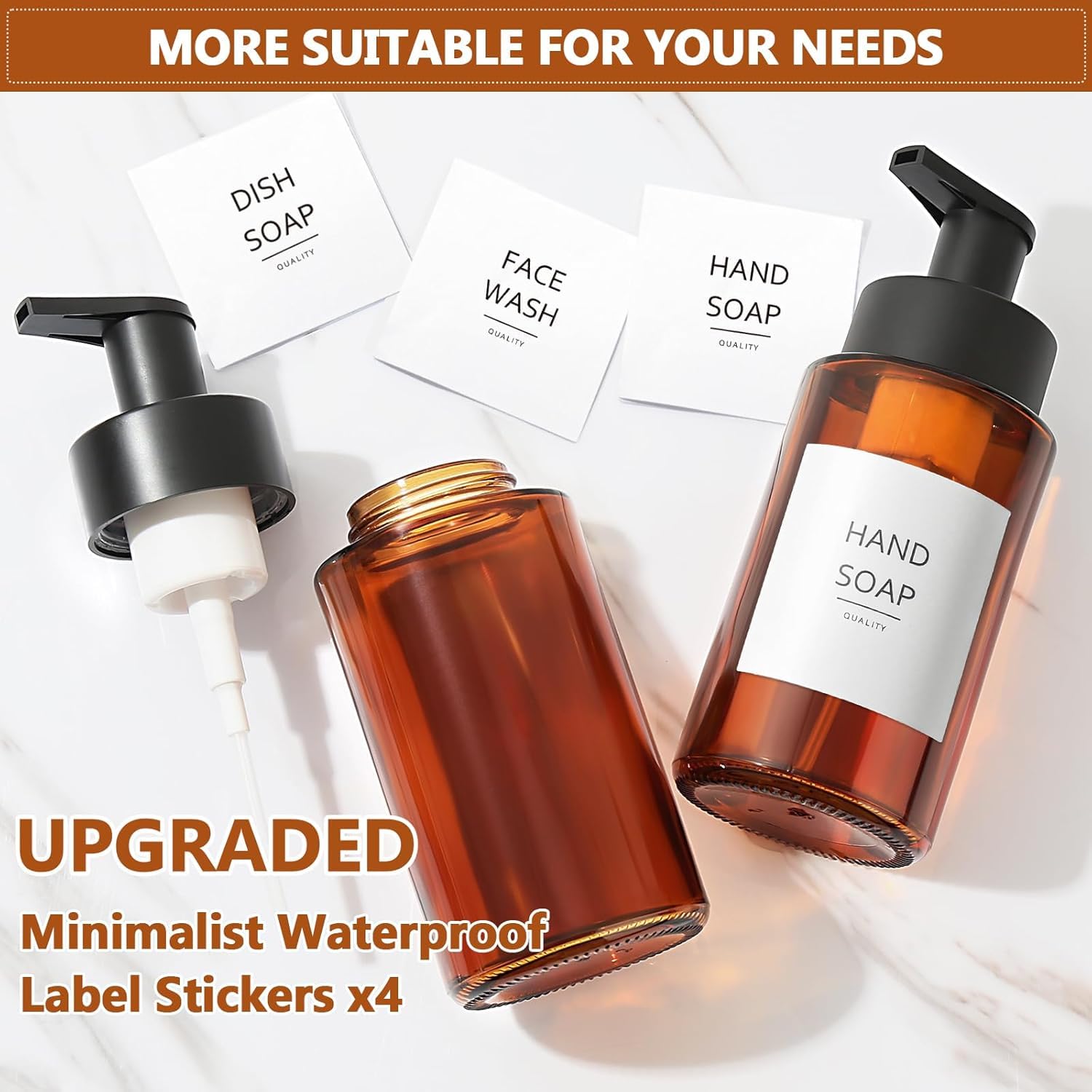 RYTOXILO Amber Foam Soap Dispenser, 10 oz/300ml Glass Foaming Soap Dispenser, 2 Pcs Foaming Hand Dispenser for Bathroom & Kitchen, Refillable Bottle with Waterproof Labels