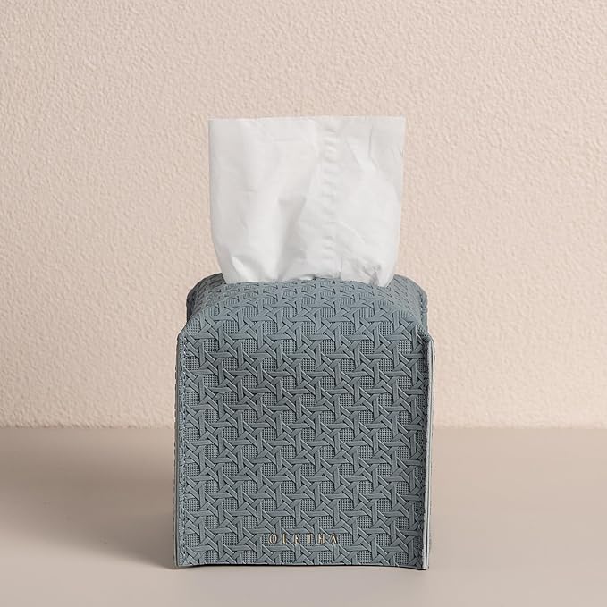 OLETHA Square Tissue Box Cover - Aesthetic Desk Decor for Room, Home & Office - Tissues Cube Boxes Holder - Lattice Patterns, Ash Blue