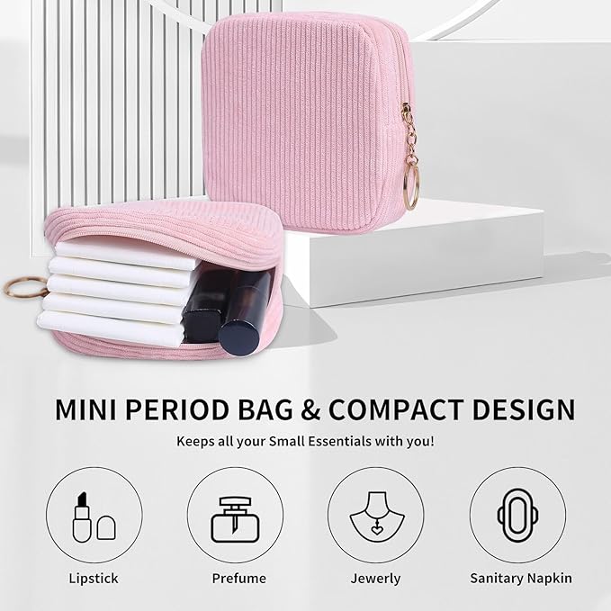 Teircno Sanitary Napkin Storage Bag, Preppy Corduroy Period Bag for Women, Cute Portable Period Pouch with Zipper, Sanitary Pads Bag Tampons Holder for Purse, First Period for Women Ladies