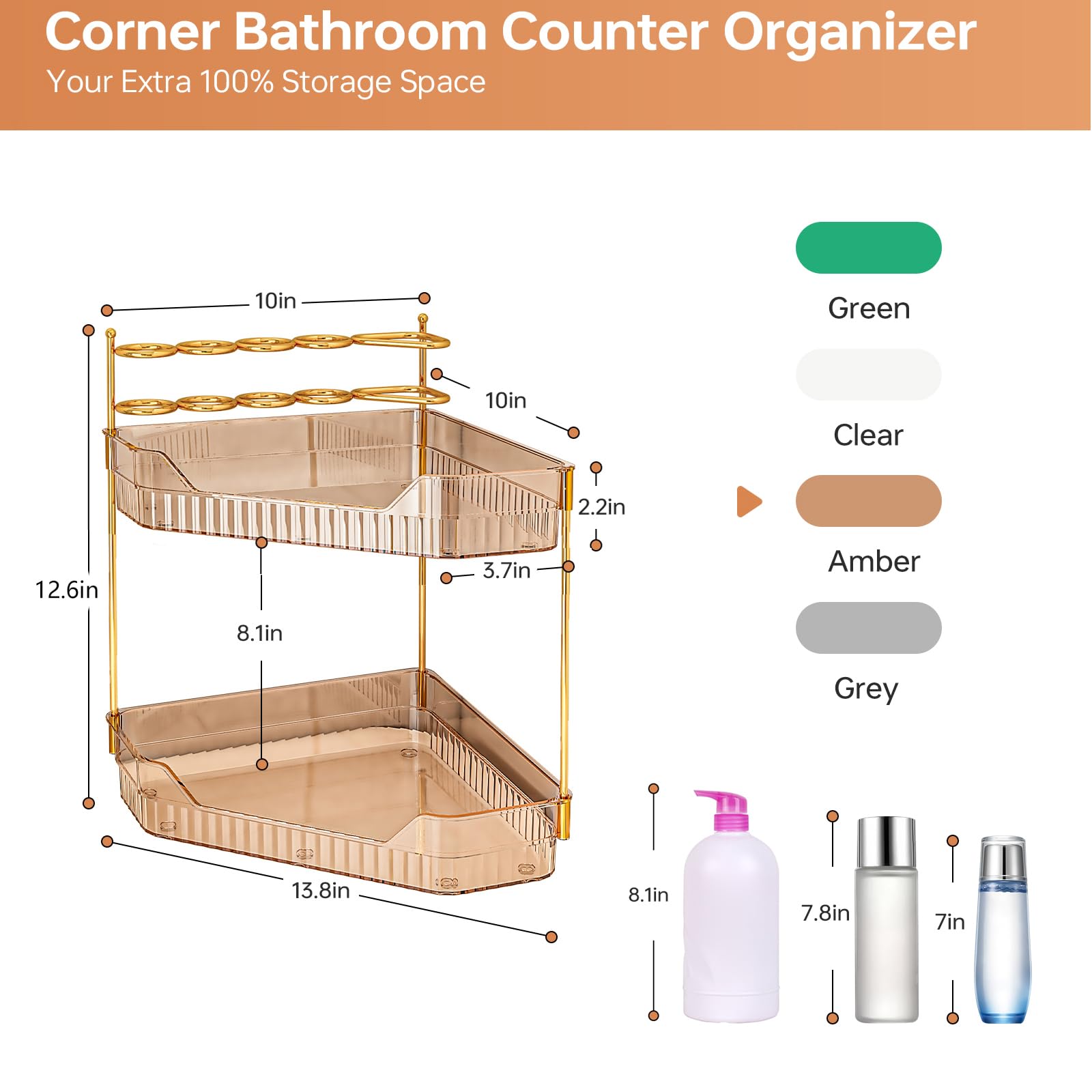 ZZWILLB Corner Bathroom Counter Organizer with Makeup Brush Holder & Toothbrush Holders, Makeup Organizer for Vanity Countertop, Acrylic Skincare Storage Shelf (Amber, 2-Tier)