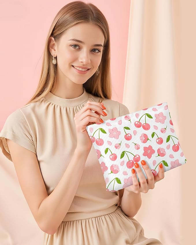 Ksriylm Cute Red Pink Cherry Floral Makeup Pouch for Women Small Make Up Cherries Bag for Purse Zipper Initial Makeup Cosmetic Bags Pouches for Purse Aesthetic Travel Toiletry Bags
