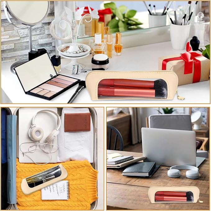Kifmurase 2Pcs Clear Makeup Brush Bag, Leather Slim Makeup Case, Portable Transparent Waterproof Cosmetic Pouch with Zipper, Double Sided Clear Bag for Women Travel Storage (White, Black)