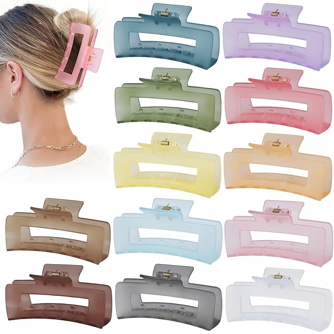 Sisiaipu 4.1 Inch Large Jumbo Jaw Square Clips for Thick Hair - 12 Pcs Bulk Hair Accessories for Women and Girls - Ice Cream