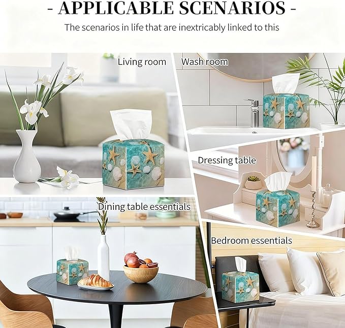 Sea Shell Tissue Box Cover Leather Tissue Box Holder Square Facial Paper Organizer Dispenser for Bathroom Kitchen Bedroom Vanity Countertop Night Stands