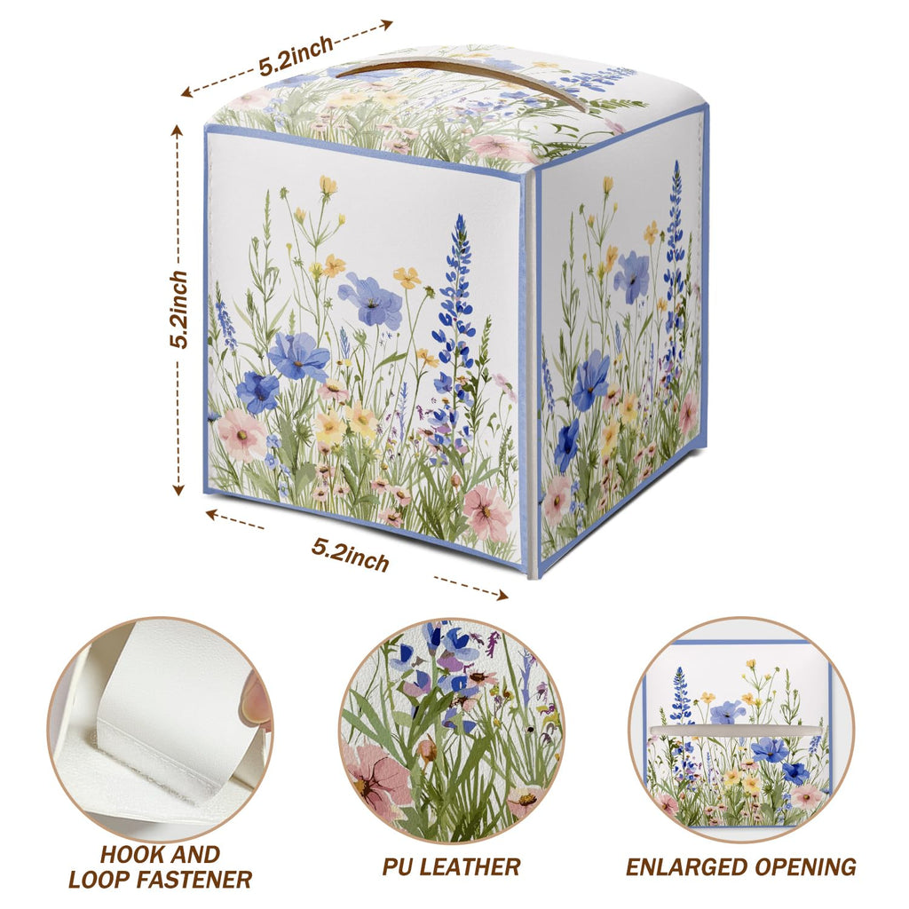 Wildflowers Tissue Box Cover Square with Bottom Belt, Floral Leather Waterproof Tissue Holder Facial Paper Case for Tabletop Home Office Bathroom Car Decor -07