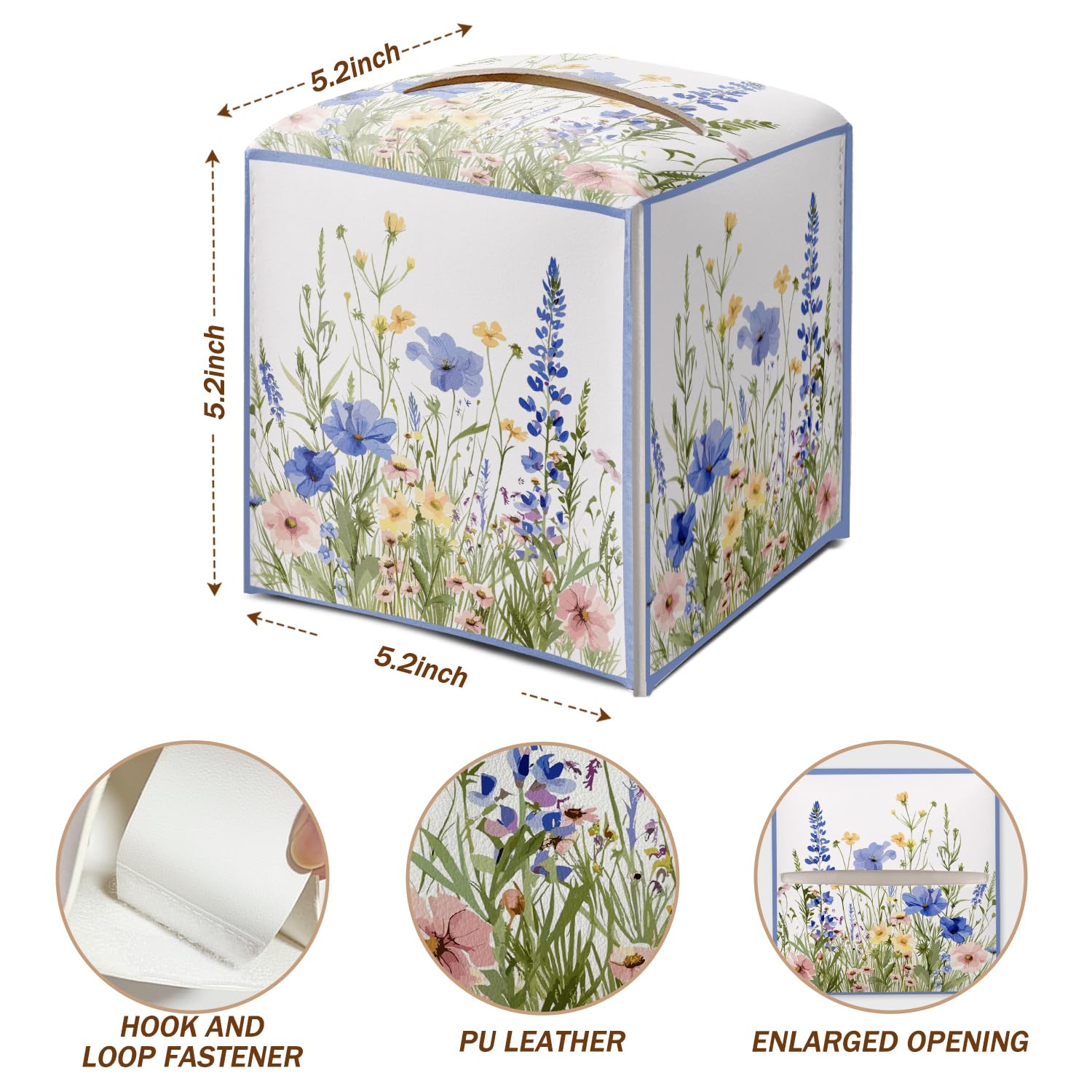 Wildflowers Tissue Box Cover Square with Bottom Belt, Floral Leather Waterproof Tissue Holder Facial Paper Case for Tabletop Home Office Bathroom Car Decor -07