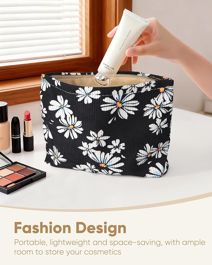 Ksriylm Cute Elegent Black Floral Flower Makeup Pouch for Women Small Make Up Bag for Purse Zipper Initial Makeup Cosmetic Bags Pouches for Purse Aesthetic Travel Toiletry Bags