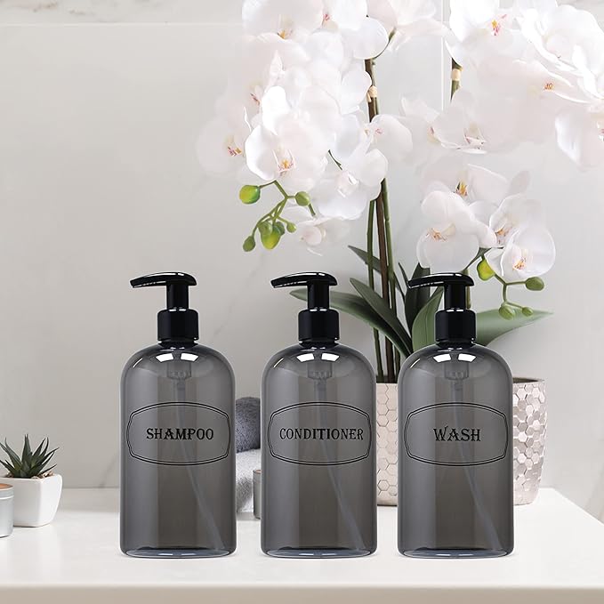 Bottiful Home-16 oz Shampoo, Conditioner, Wash Refillable Empty Plastic Pump Bottle Dispenser Set (Gray)