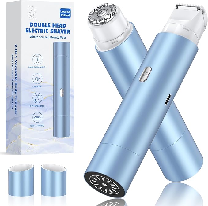 Bikini Trimmer for Women, Dual Head Face Shaver Body Hair Trimmmer, IPX7 Waterproof Womens Electric Razor for Legs, Sky Blue