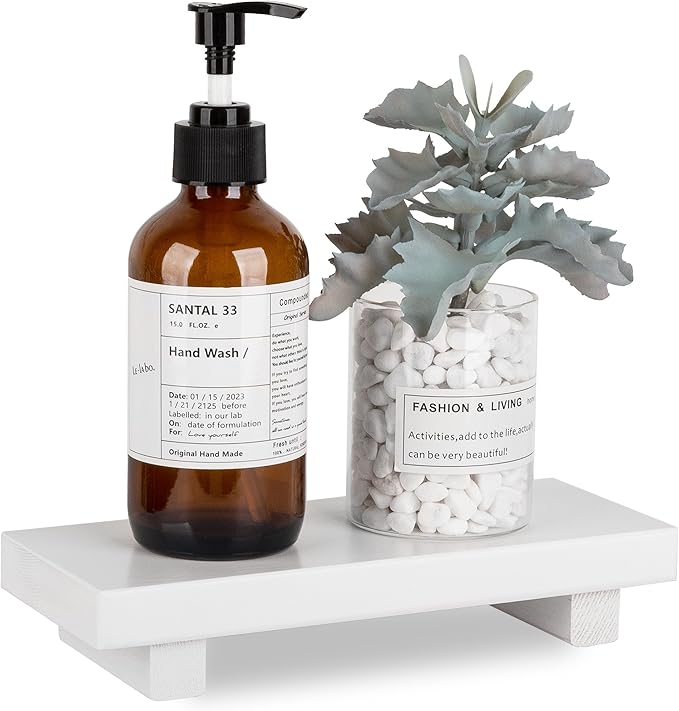 Bathroom Counter Organizer Wood Pedestal Stand Farmhouse Decorative Tray Soap Holder for Kitchen Decor, Small, White