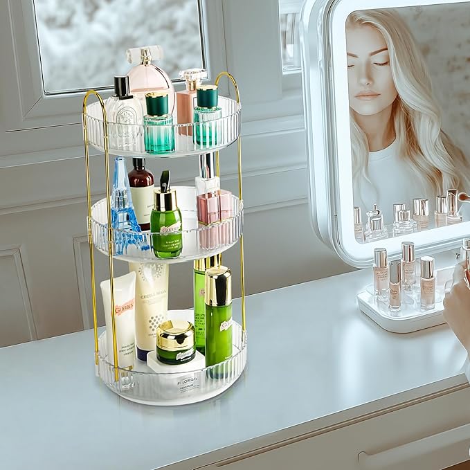 Niluks 360 Rotating Makeup Organizer, 3 Tier Large Capacity Lazy Susan Bathroom Counter Organizer, Skincare Organizers, Spinning Perfume Organizer & Vanity Organizer Countertop (Golden Clear, 3 Tier)