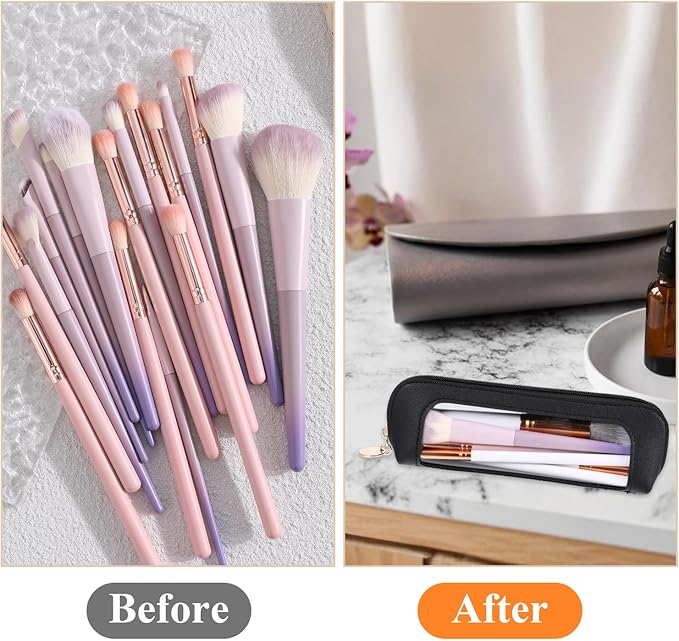 Psyqtsuary Clear Makeup Bag, PU Leather Mini Makeup Pouch Portable Makeup Brush Case Transparent Waterproof Cosmetic Organizer Pouch with Zipper for Women Home Travel Office Makeup Storage (Black)