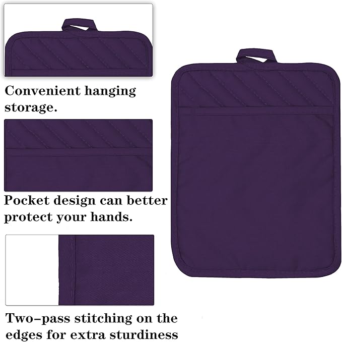 VEIKERY Oven Pot Holder with Pocket Cotton Heat Resistant Coaster Potholder Kitchen Hot Pad Oven Mitts for Cooking Square 7"x9"Set of 5 (Purple)