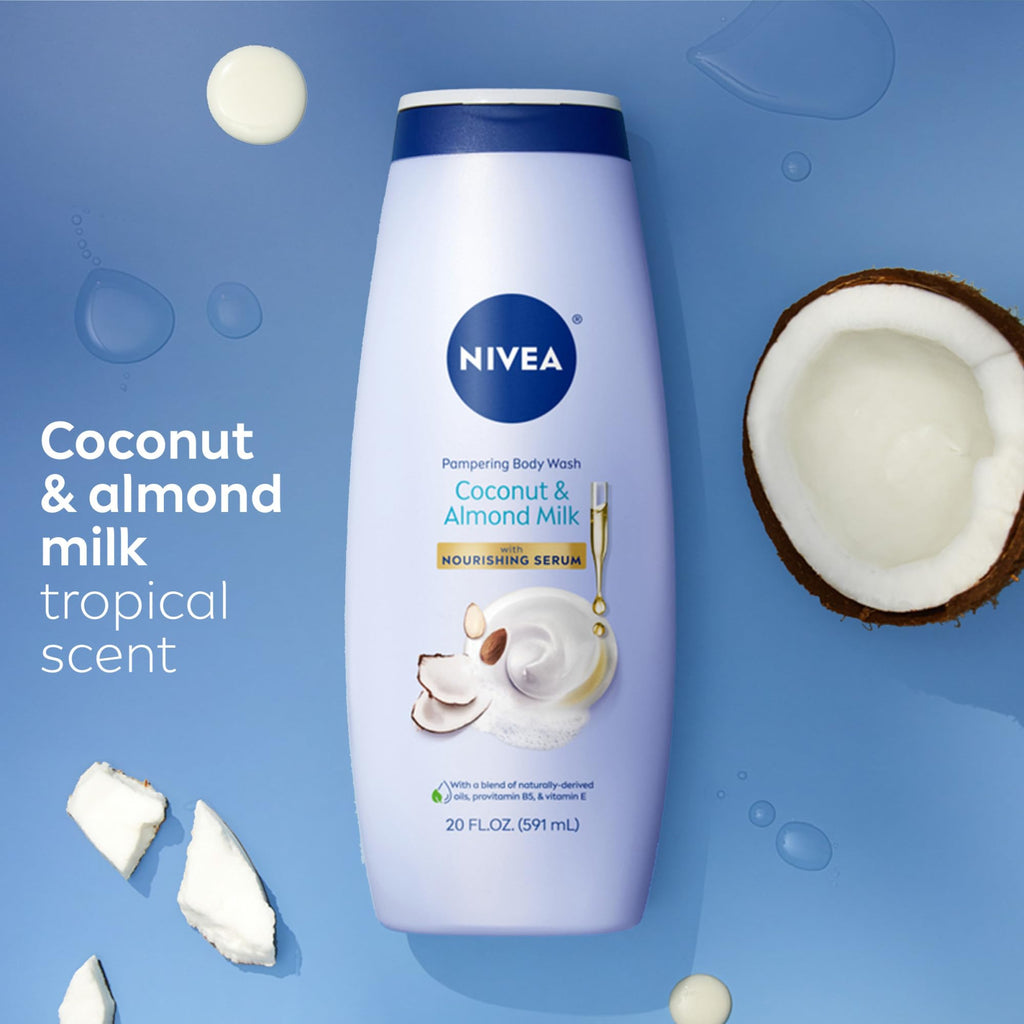NIVEA Pampering Coconut and Almond Milk Body Wash, Multipack, 3 x 20 FL OZ