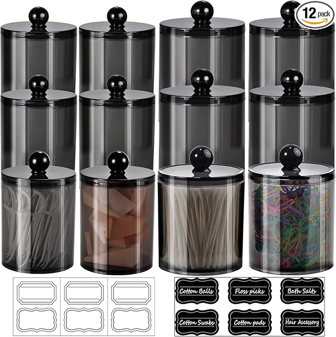 SheeChung 12 Pack Qtip Holder,Cotton Ball Holder with Lids & Labels - (6) 10oz & (6) 12oz,Plastic Bathroom Canistersfor Cotton Swabs, Balls, Pads, Floss Picks, Home Bathroom Storage Organizer ( Black)