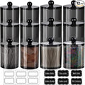SheeChung 12 Pack Qtip Holder,Cotton Ball Holder with Lids & Labels - (6) 10oz & (6) 12oz,Plastic Bathroom Canistersfor Cotton Swabs, Balls, Pads, Floss Picks, Home Bathroom Storage Organizer ( Black)