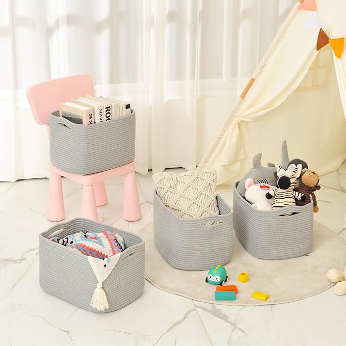 ICERZCZ Storage Baskets for Organizing & Shelves, Woven Cotton Rope Organization Bins for Dog Toys, Clothes, Books, Nursery Organizer, 15" Lx11 Wx9.5 H, (4 Packs) Grey