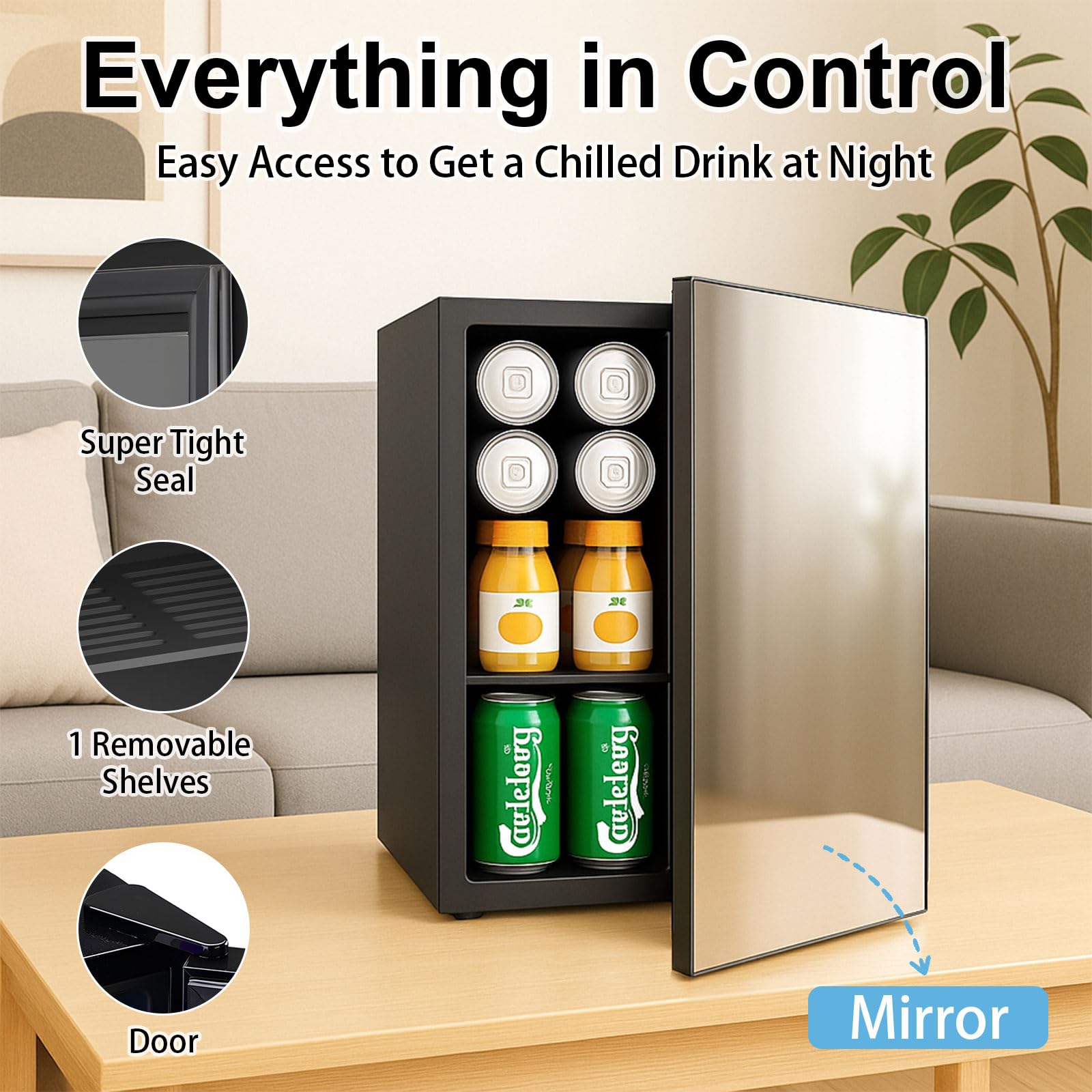 DOGHLY 0.9 Cu.Ft Mini Refrigerator and Beauty Fridge, 24 Cans Mini Fridge with Mirror Door, Temperature Control, Removable Shelf, Compact Cooler for Bedroom, Dorm, Office, Beverage Beauty Storage