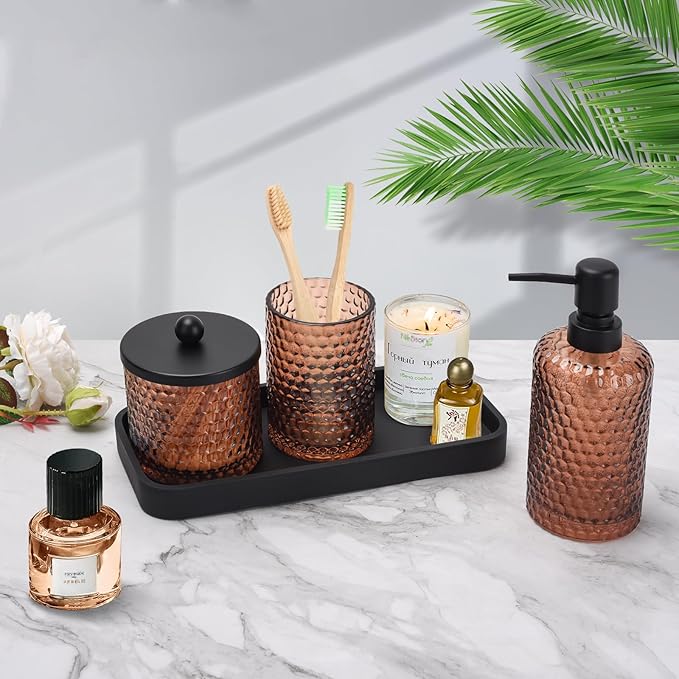 Bathroom Accessories Set,4 Pcs Amber Glass Bathroom Accessories Sets-Lotion Soap Dispenser,Toothbrush Holder,Qtip Holder Dispenser & Resin Vanity Tray,Countertop Vanity Organizer,Amber