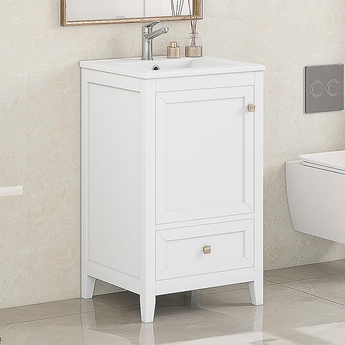 Bellemave 20-inch Solid Wood Bathroom Vanity with Sink, Free Standing Cabinet, Soft Closing Door, Storage Rack, Drawer (White)