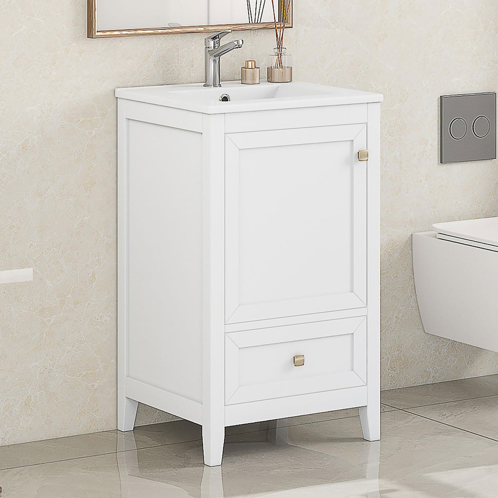 Bellemave 20-inch Solid Wood Bathroom Vanity with Sink, Free Standing Cabinet, Soft Closing Door, Storage Rack, Drawer (White)