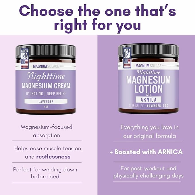 Magnum Solace Nighttime Magnesium Lotion with Arnica – Soothing Relief & Relaxation, Highly Concentrated Magnesium for Muscles & Joints – Apply to Legs or Feet Before Bed – Skin-Friendly