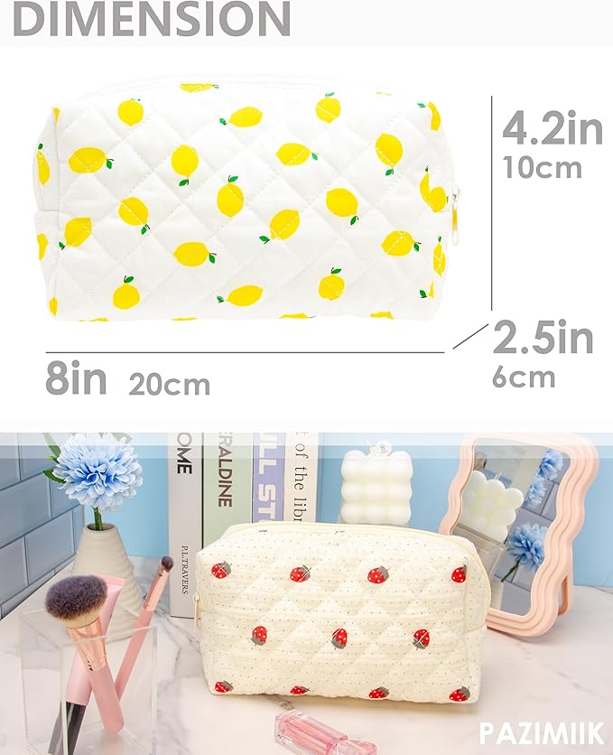 PAZIMIIK Small Quilted Makeup Bag,Zipper Cosmetic Pouch,Lemon White