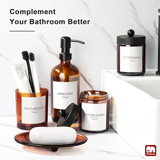 GMISUN Bathroom Accessories Set, 5 Pack Amber Glass Bath Accessory Sets Complete, Brown Soap Dispenser and Toothbrush Holder Bathroom Counter Sink Set with Labels, Rustic Modern Vintage Bathroom Decor